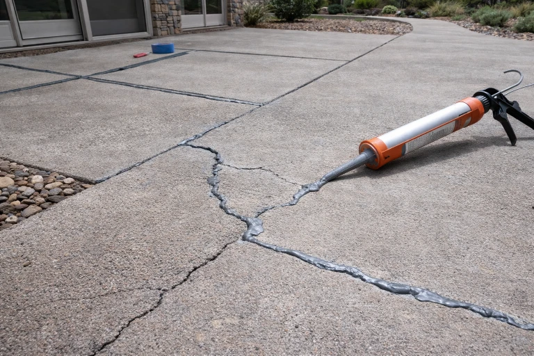 Repairing cracks in concrete driveway with sealant to prevent moisture damage