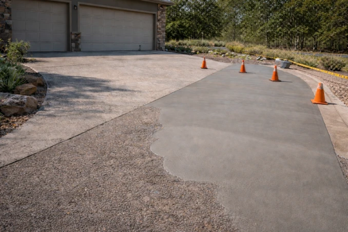 Concrete slab resurfacing restoring worn driveway surface