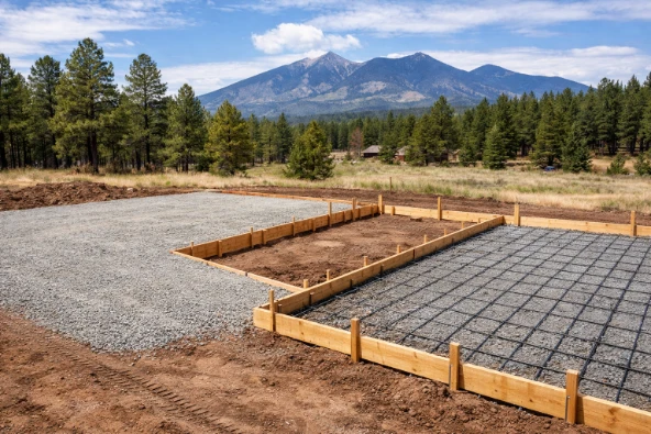 Site preparation for concrete installation with graded soil, compacted gravel base, wooden formwork, and steel reinforcement mesh