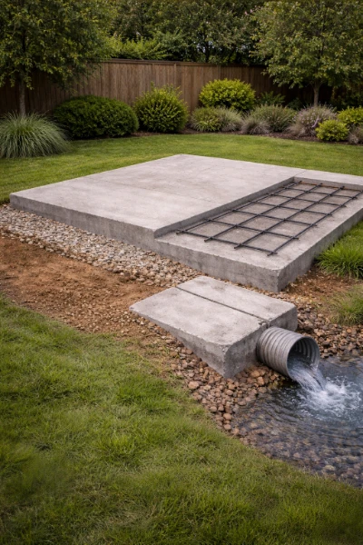 Concrete slab base preparation with reinforcement grid and drainage system installed for residential foundation