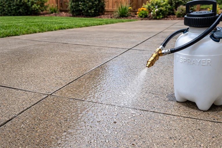 Applying concrete sealer to outdoor patio surface for long term protection