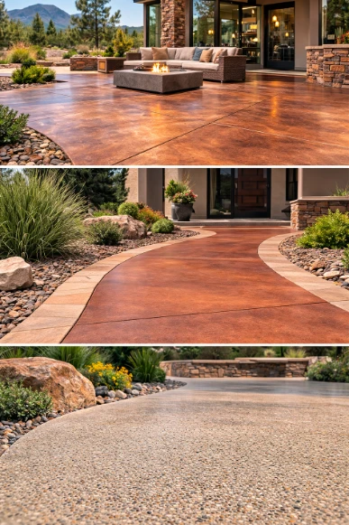 Decorative concrete finishes including stained concrete, colored concrete patio, and exposed aggregate walkway