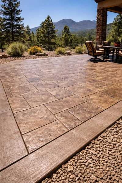 Stamped concrete patio with stone texture pattern installed for outdoor living space